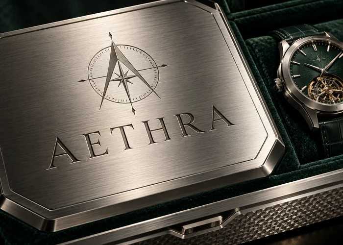 Aethra: Identidad de relojería sobre metal cepillado y acabados de precisión. Concepto original de muestra.