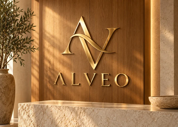 Alveo: Monograma dorado sobre madera natural y piedra caliza. Concepto original de muestra.