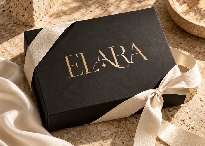 Elara: Logotipo de moda estampado en packaging negro y cinta de tela. Concepto original de muestra.