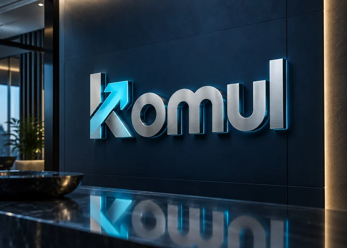 Komul: Identidad tecnológica de Komul con acabados metálicos y luz cian. Concepto original de muestra.
