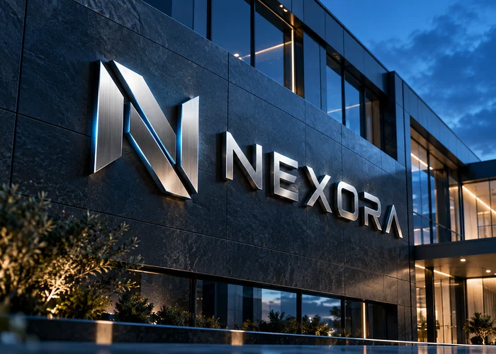 Nexora: Logotipo metálico sobre fachada tecnológica moderna. Concepto original de muestra.