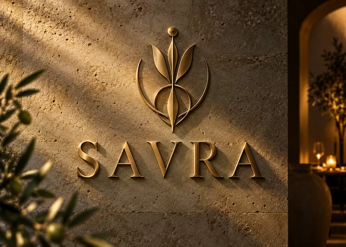 Savra: Identidad de restaurante en latón sobre pared de piedra. Concepto original de muestra.