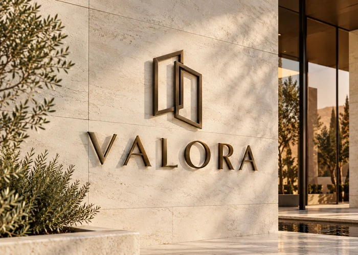 Valora: Identidad minimalista sobre fachada contemporánea. Concepto original de muestra.