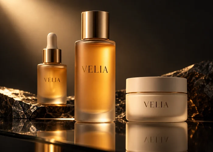 Velia: Identidad sobre envases de vidrio ámbar y cerámica mate. Concepto original de muestra.